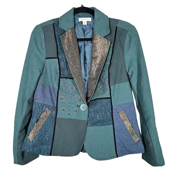 Coldwater Creek Jackets & Blazers - Coldwater Creek Size Petite 8 Patchwork Blazer Jacket Teal Boho Lagenlook Artsy
